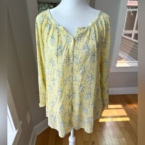 CHAPS Butter Yellow Floral Cotton Gauze Scoop Neck Button Down Blouse Sz Medium